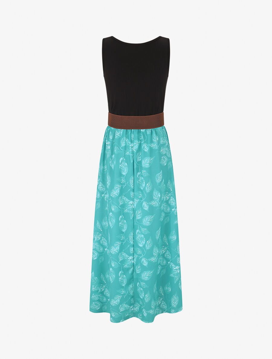 Robe bicolore imprimé feuillage - Vert - 2