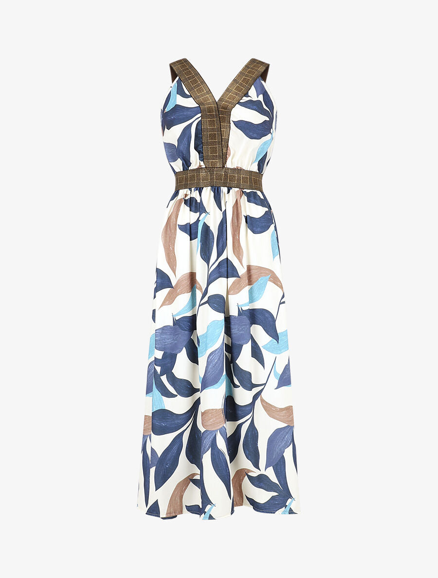 Robe longue à détail irisées et imprimé feuilles - Marine - 4