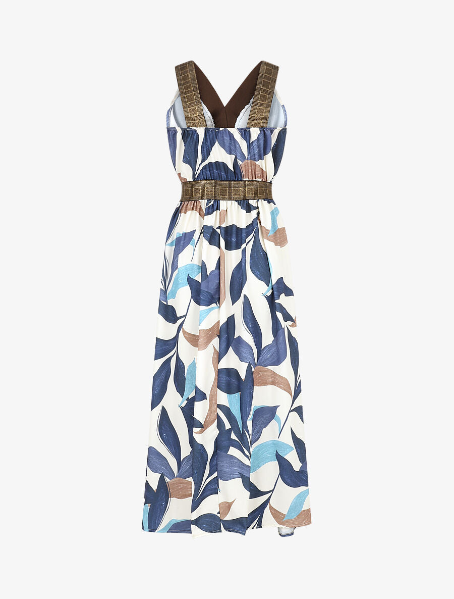 Robe longue à détail irisées et imprimé feuilles - Marine - 2