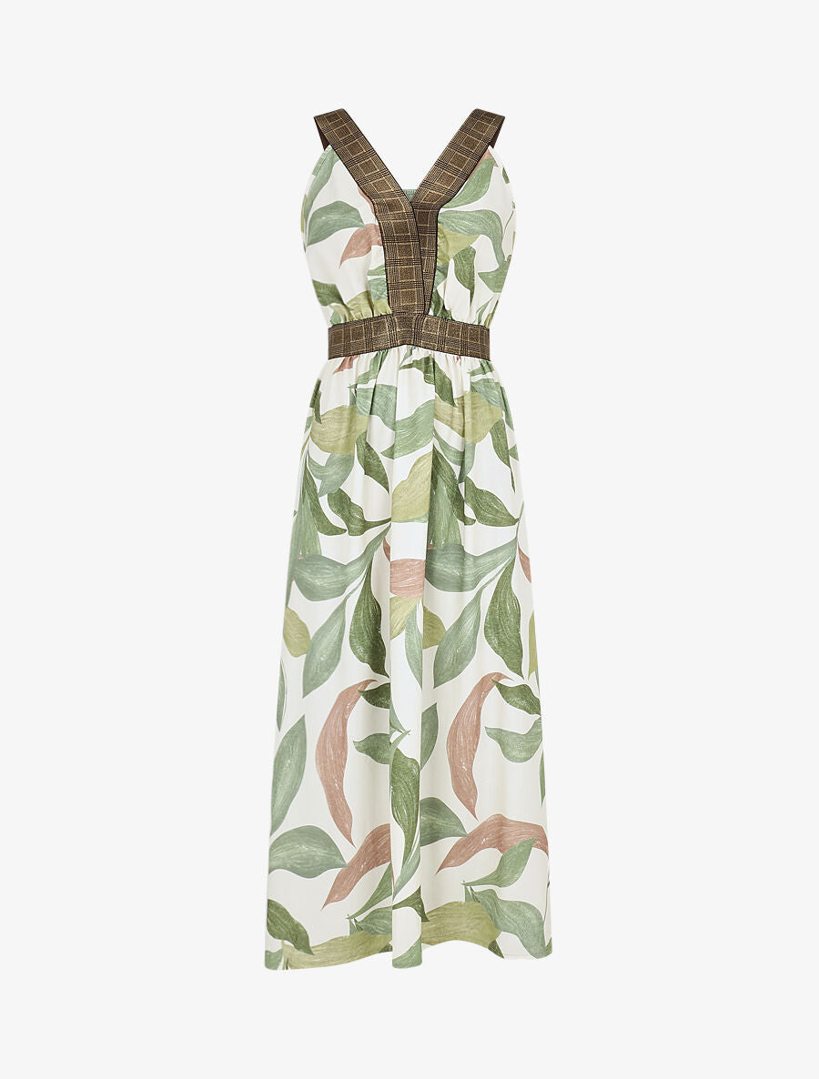 Robe longue à détail irisées et imprimé feuilles - Kaki - 4