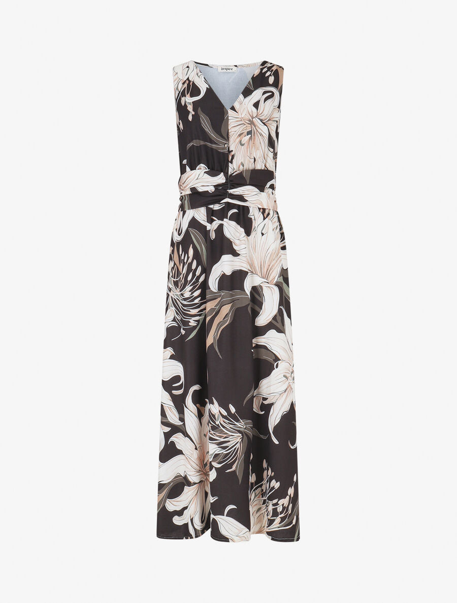 Robe longue élastiquée imprimé floral - Noir - 1
