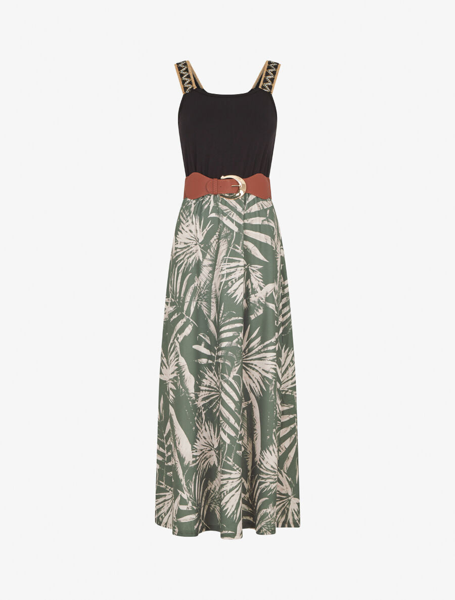 Robe longue à bretelles brodées imprimé tropical - Kaki - 1