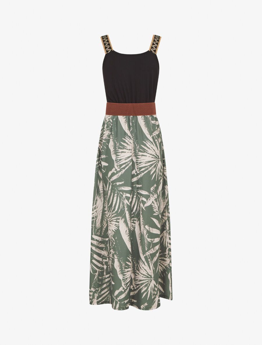 Robe longue à bretelles brodées imprimé tropical - Kaki - 2