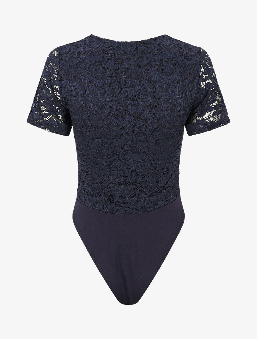 Body en dentelle manches courtes - Marine - 2