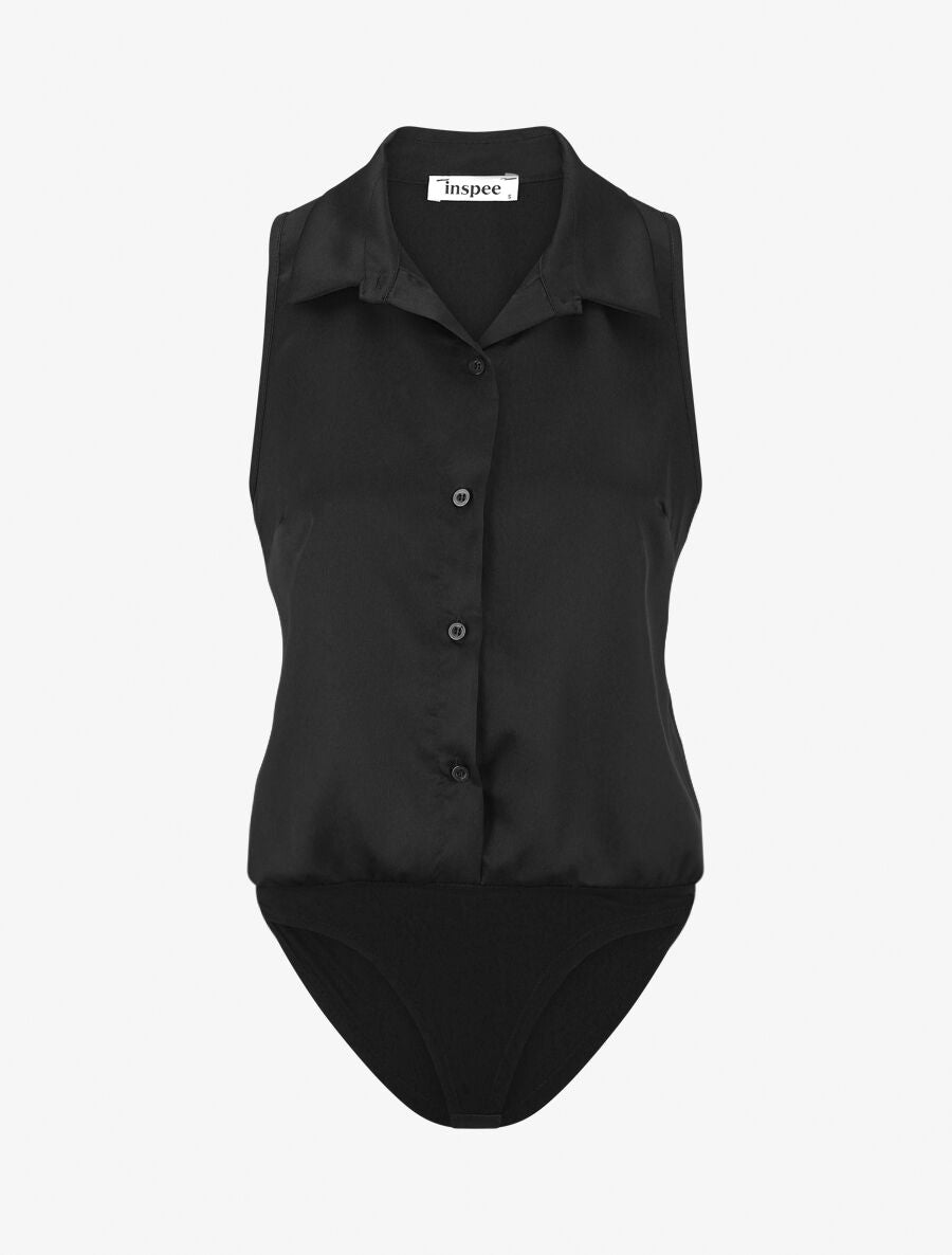 Body satiné style chemise sans manches - Noir - 1