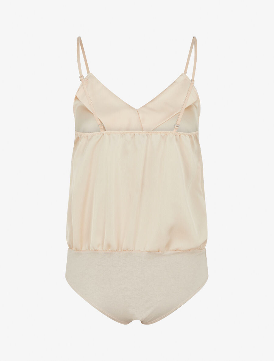 Body satiné à col V et fines bretelles - Blanc - 2