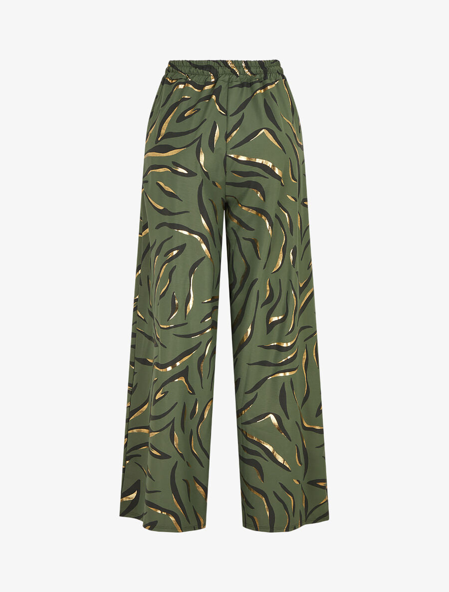 Pantalon satiné taille haute à motif doré - Kaki - 2