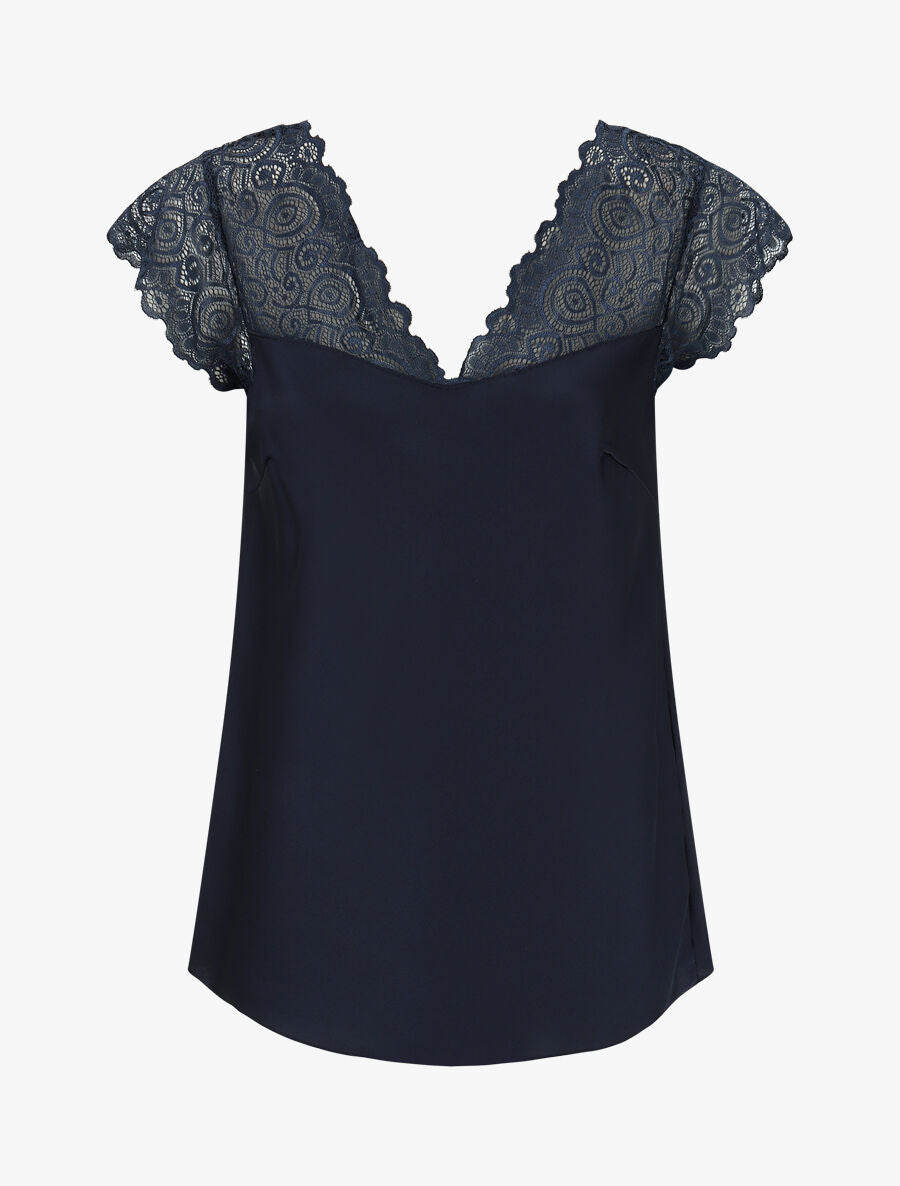 Top satiné à mancherons en dentelle - Marine - 1