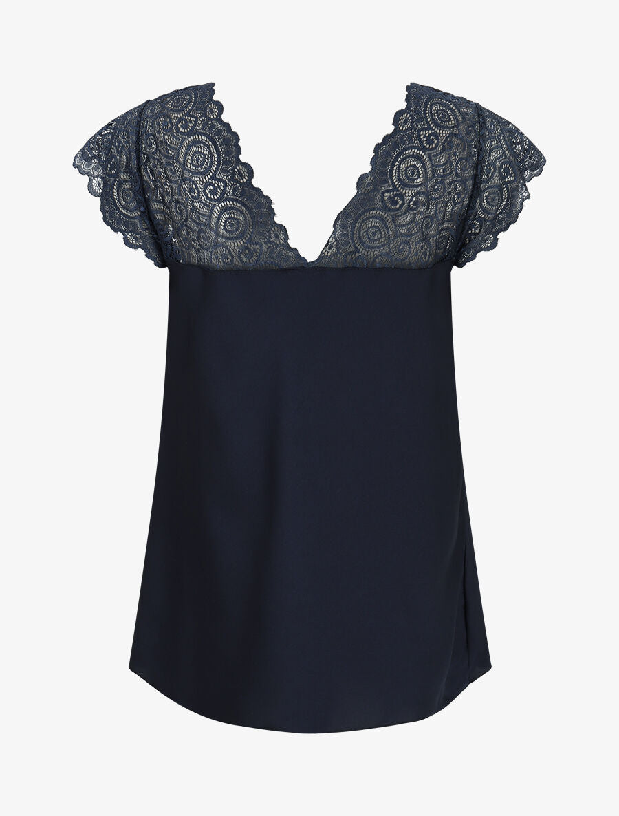 Top satiné à mancherons en dentelle - Marine - 2
