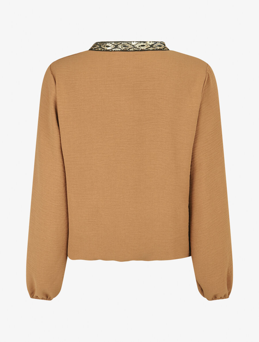 Blouse unie à nouer et col a sequins - Camel - 2