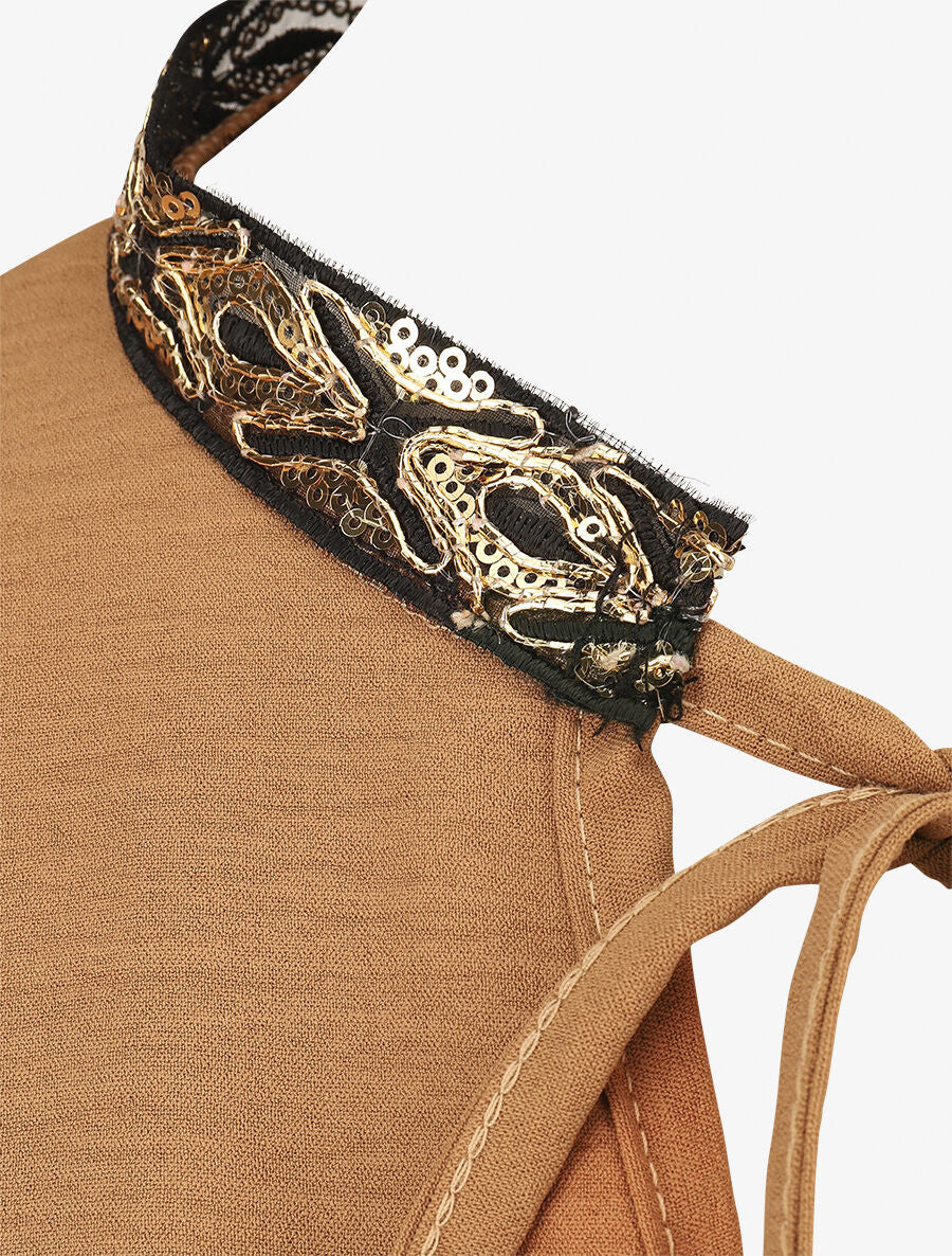 Blouse unie à nouer et col a sequins - Camel - 3