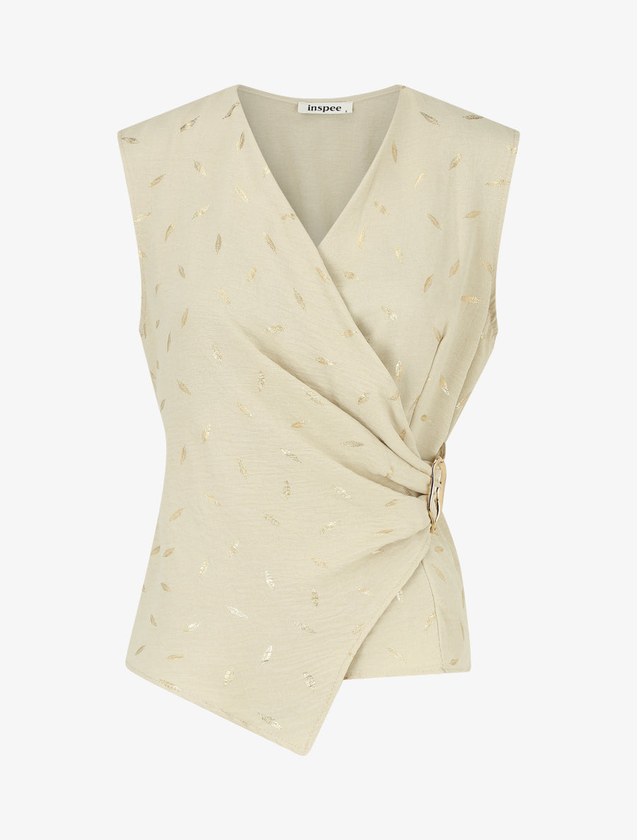 Top droit sans manches flocage plumes irisées - Beige - 1