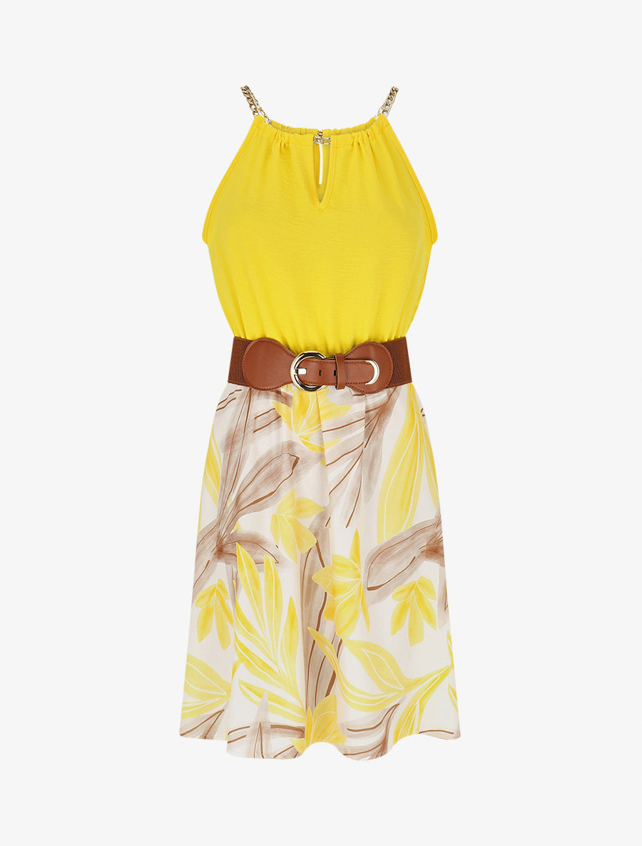 Robe mi-longue imprimé feuillage à bretelles en chaîne - Jaune - 1