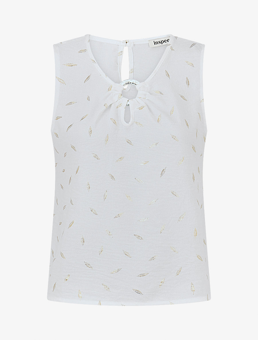 Top droit col fantaisie imprimé plumes dorées - Blanc - 1