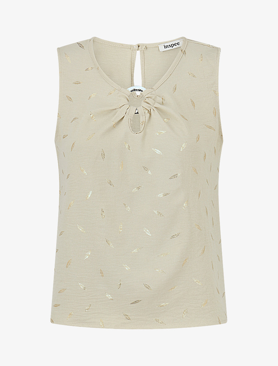 Top droit col fantaisie imprimé plumes dorées - Beige - 1