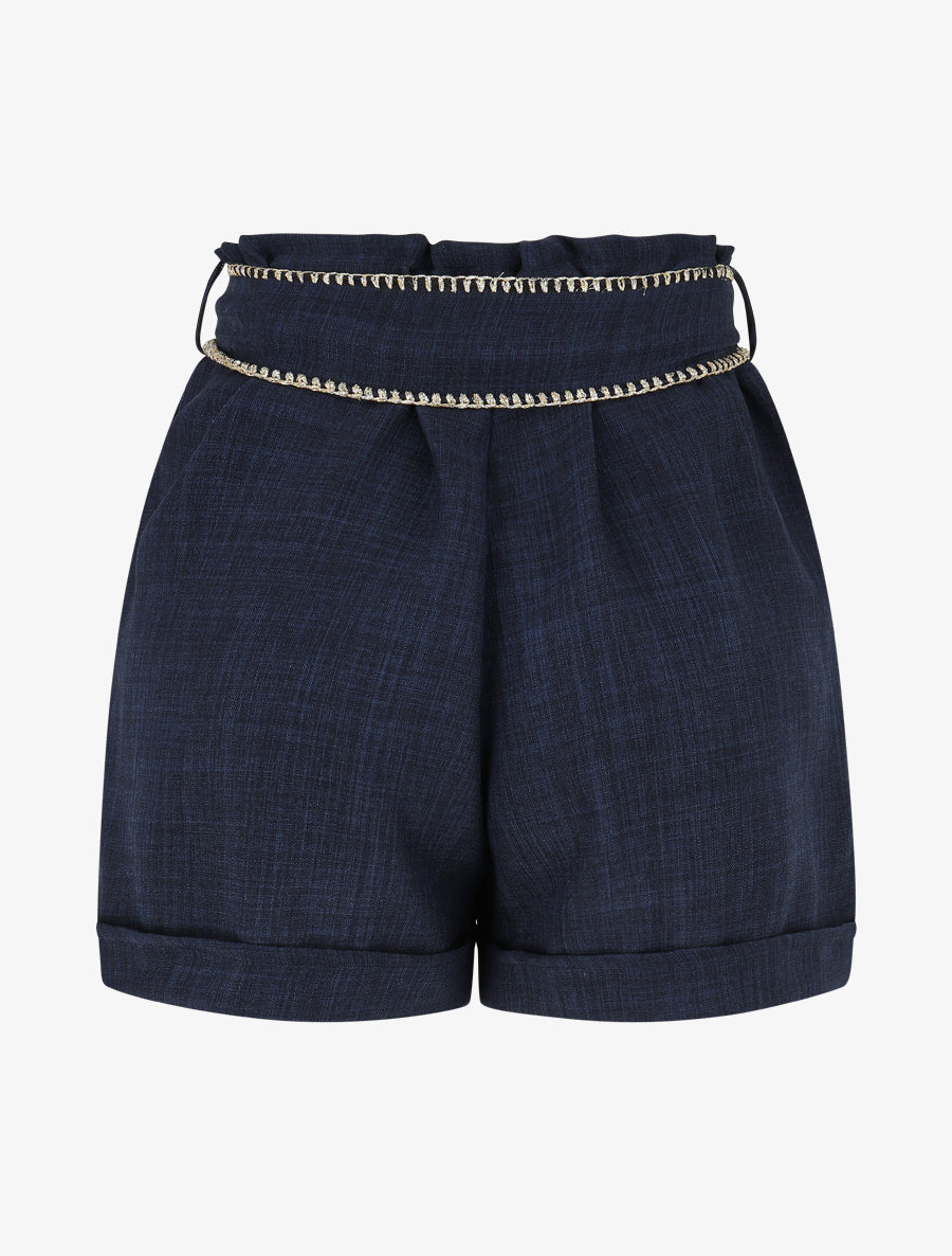 Short taille haute à ceinture fantaisie - Marine - 2