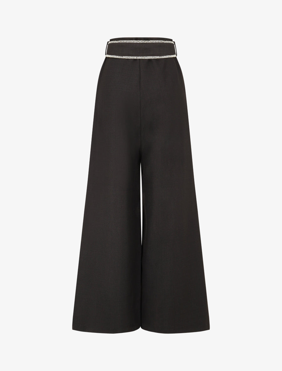 Pantalon ample taille haute à ceinture fantaisie - Noir - 2