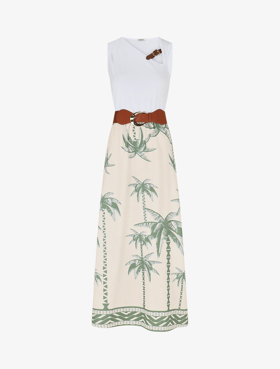 Robe longue imprimé palmiers et col à sangle - Kaki - 1