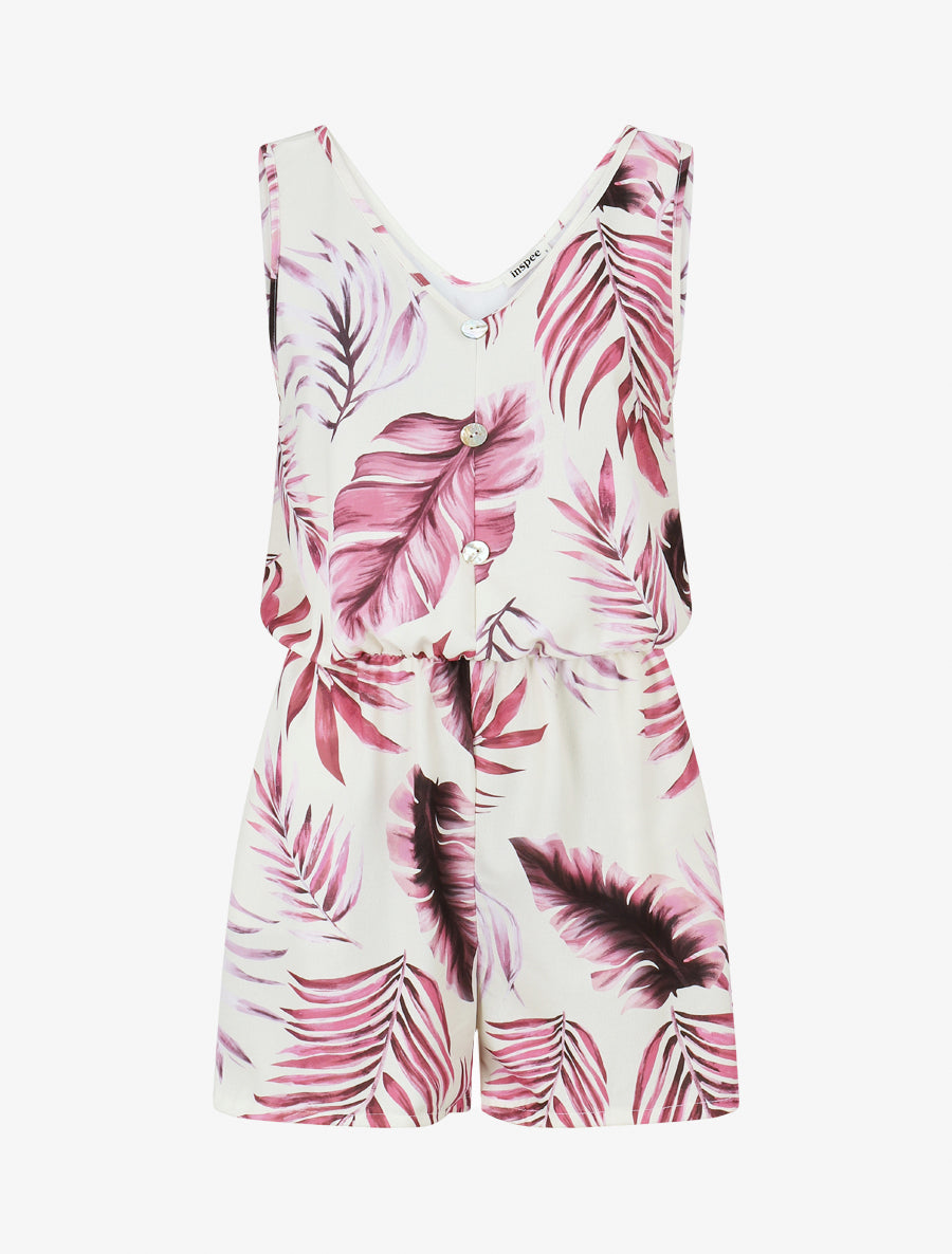 Combishort imprimé feuillage à taille élastiquée - Mauve - 1