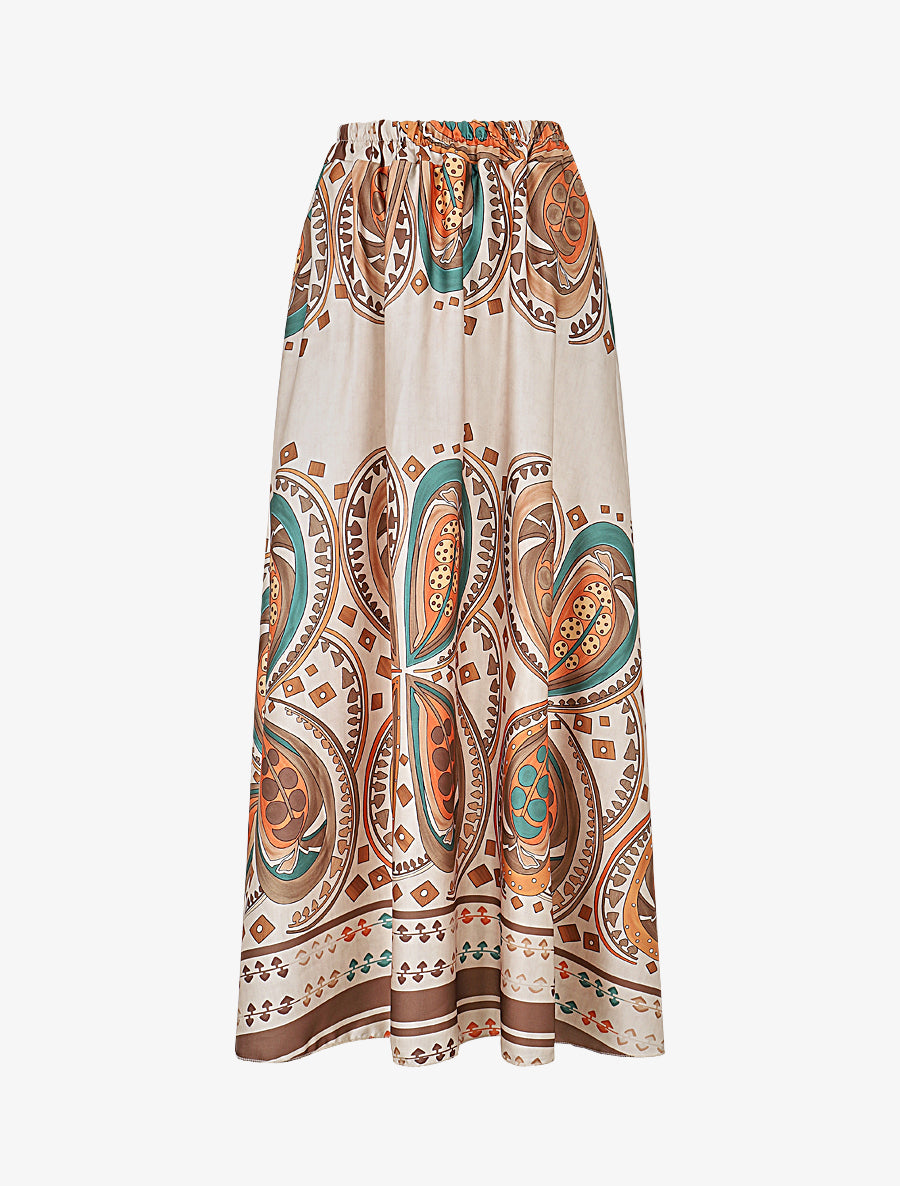 Jupe effet satiné imprimé foulard - Camel - 1