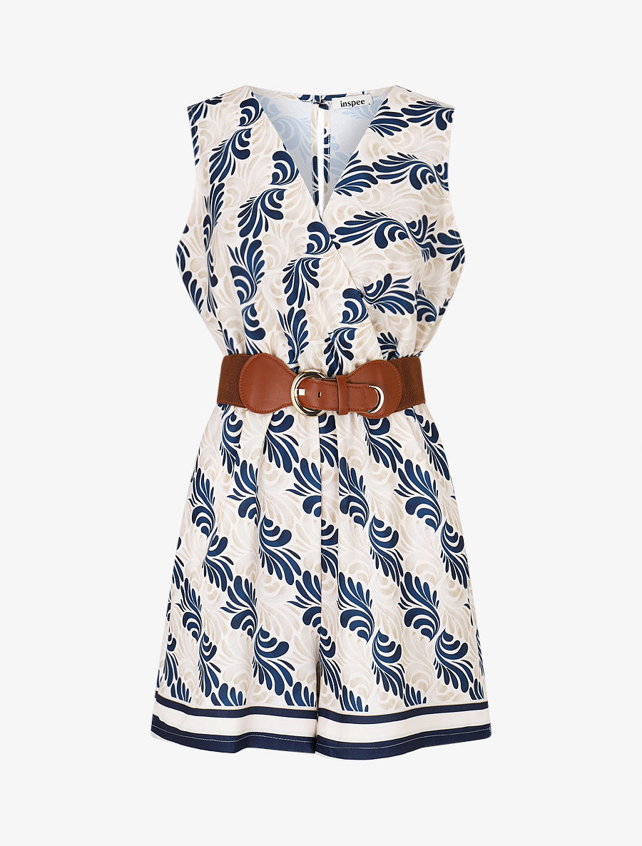 Combishort élastiqué à imprimé foulard - Marine - 1