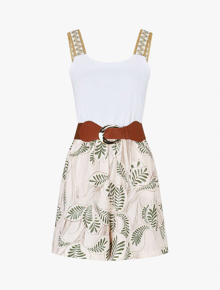 Combishort élastiqué à bretelles brodées - Kaki - 1