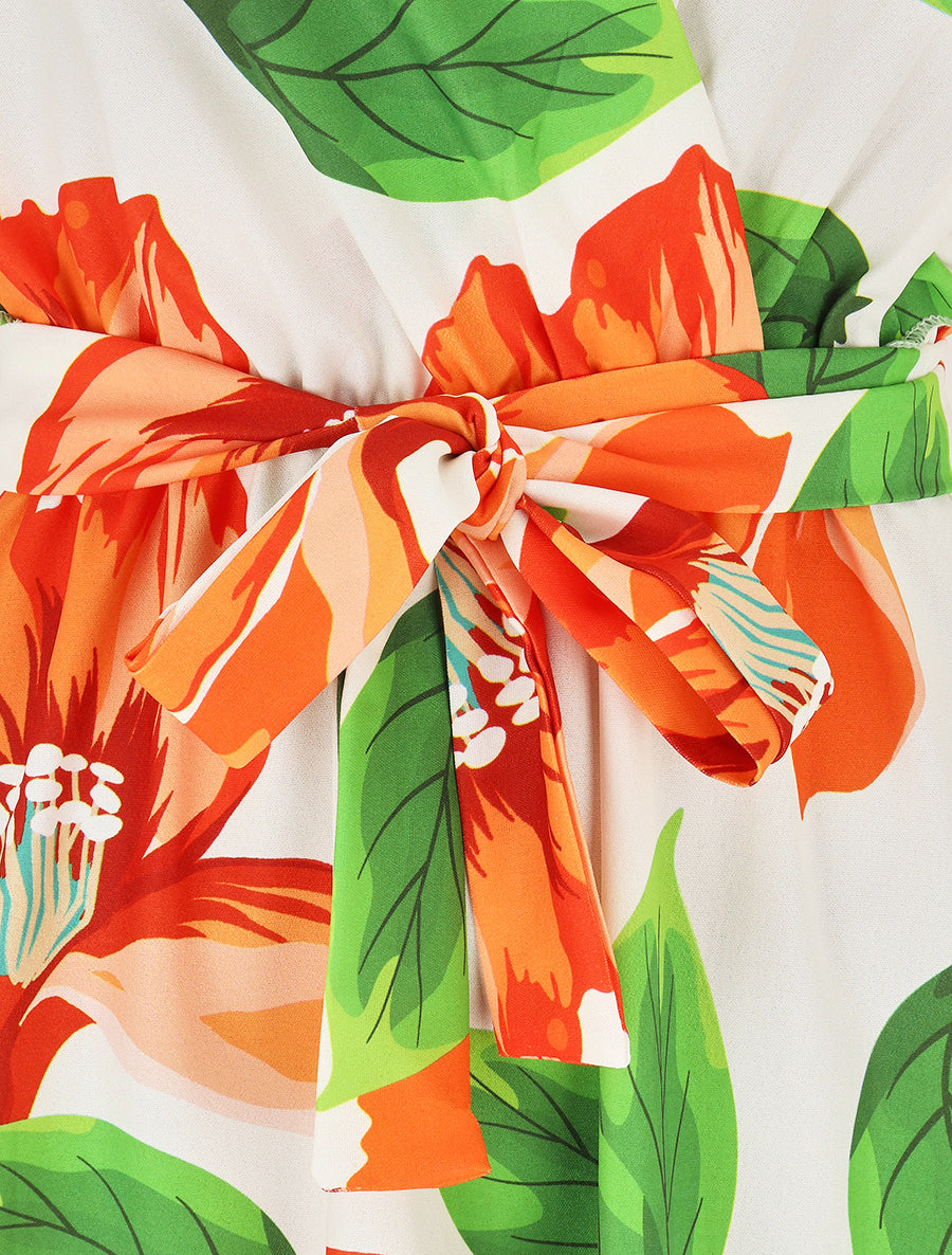 Robe mi-longue fleurie à volants - Orange - 3