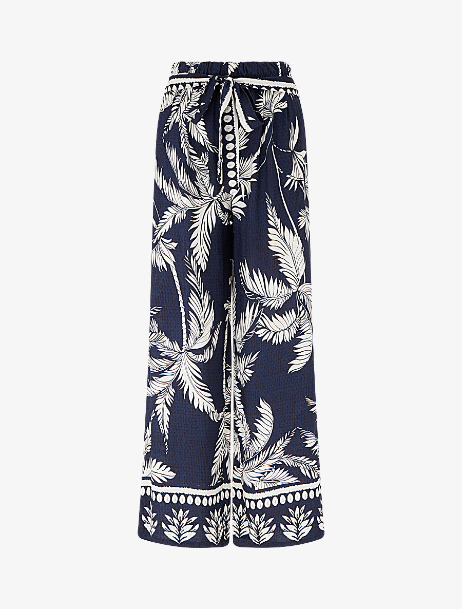 Pantalon élastiqué coupe droite imprimé tropical - Marine - 1