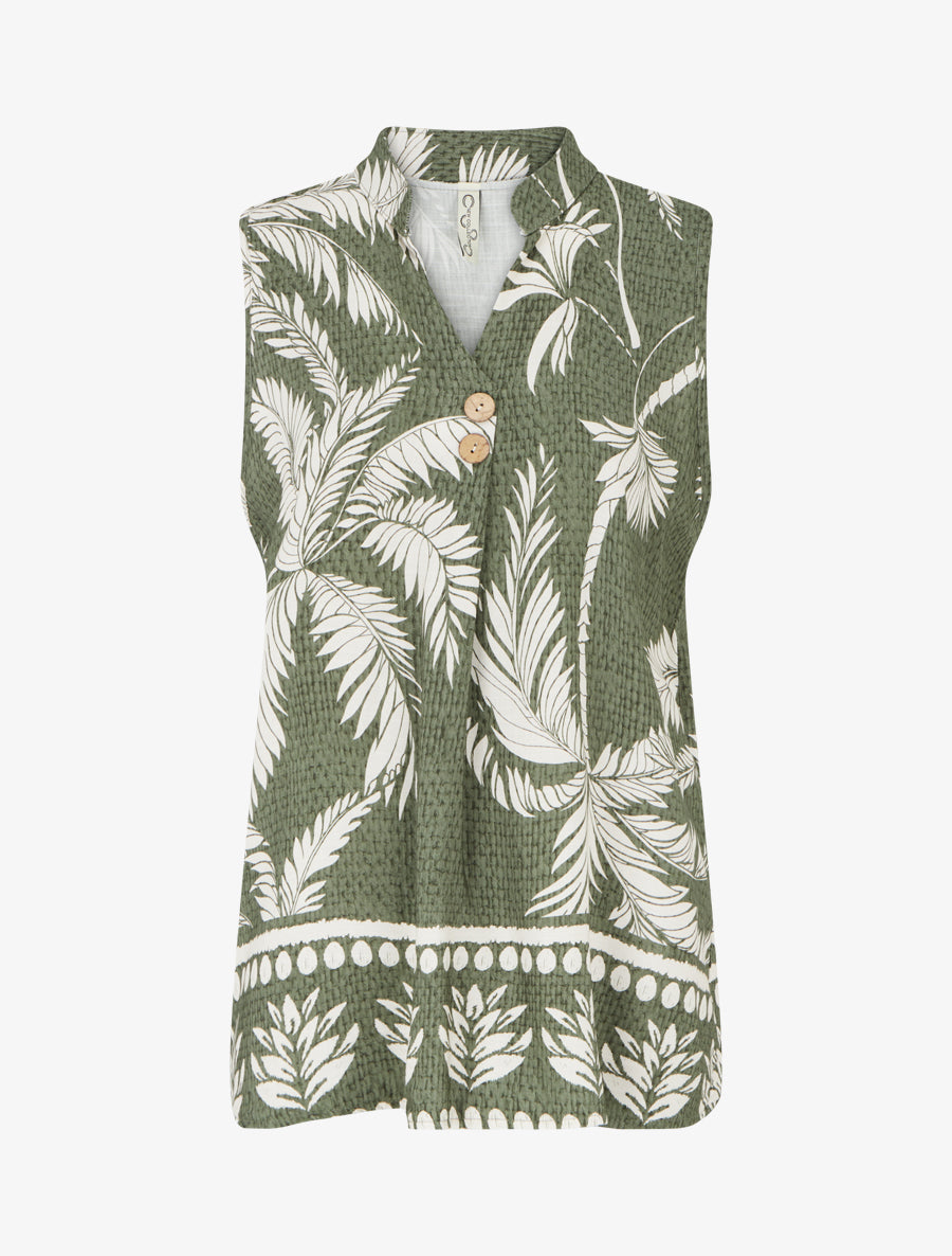 Blouse droite sans manche imprimé tropical - Kaki - 1