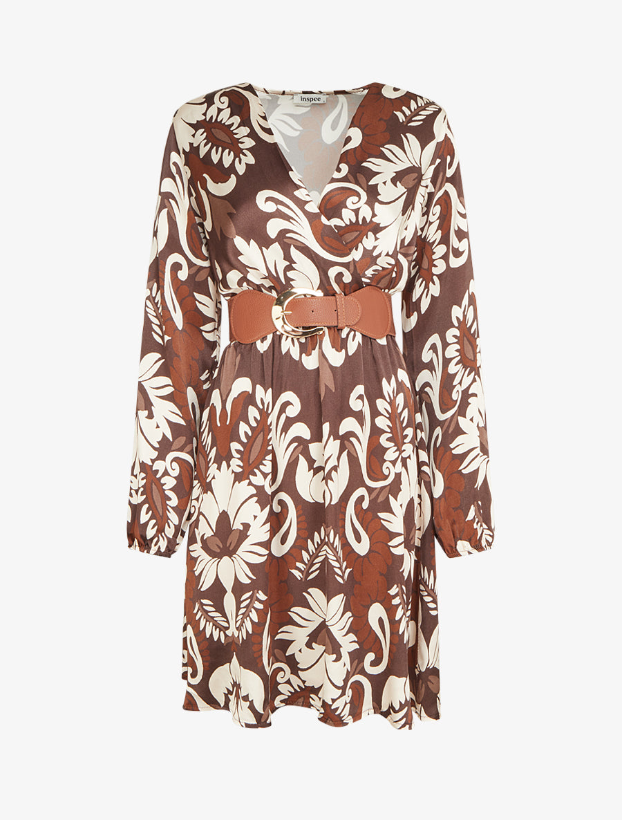 Robe évasée satinée imprimé arabesque - Marron - 1