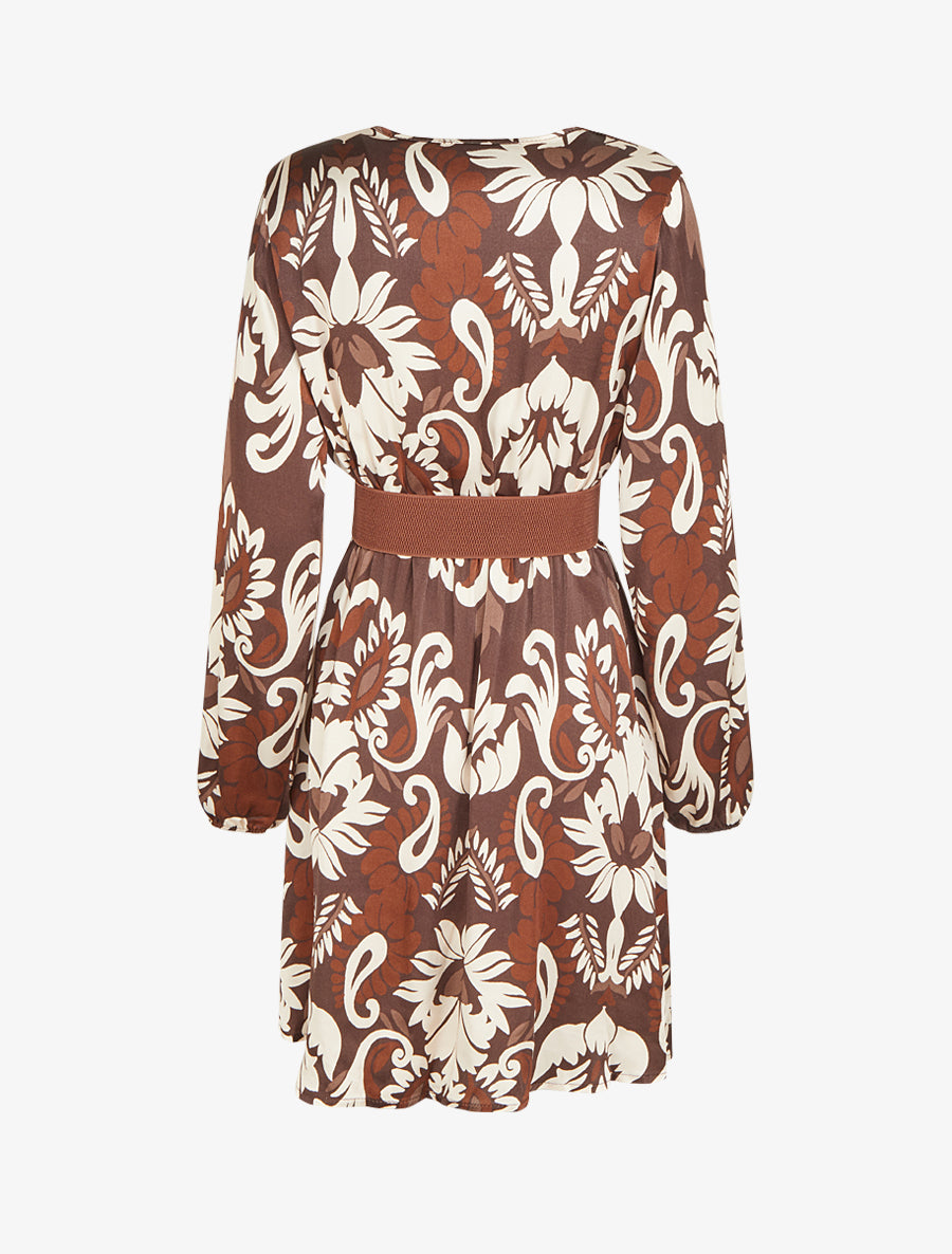 Robe évasée satinée imprimé arabesque - Marron - 2