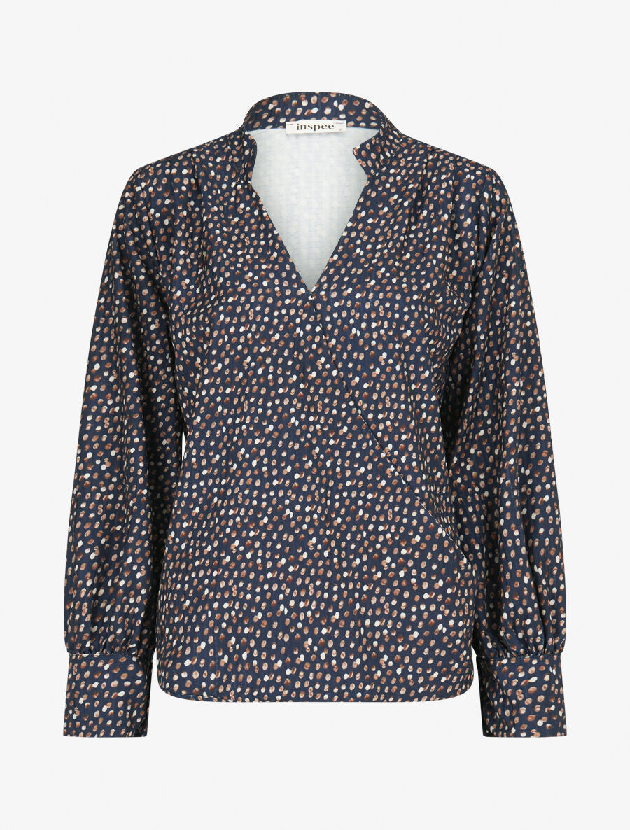 Blouse cache-coeur imprimé pois - Marine - 1