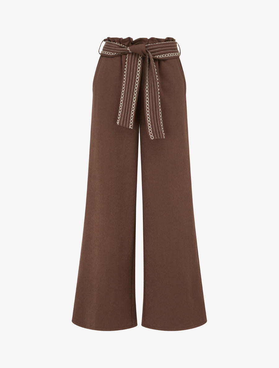 Pantalon ample uni à ceinture - Marron - 1
