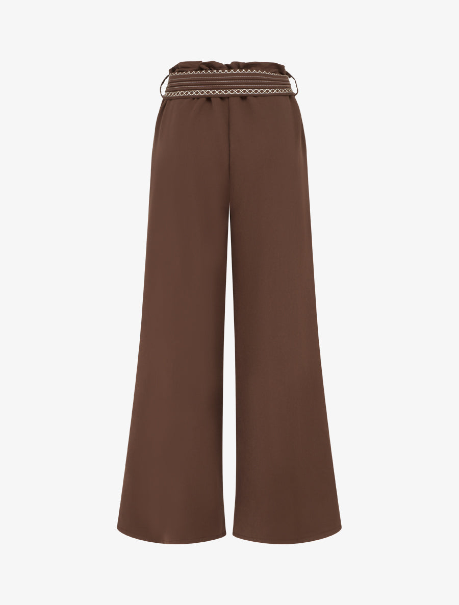 Pantalon ample uni à ceinture - Marron - 2