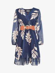 Robe patineuse en voile imprimé feuilles - Marine - 1