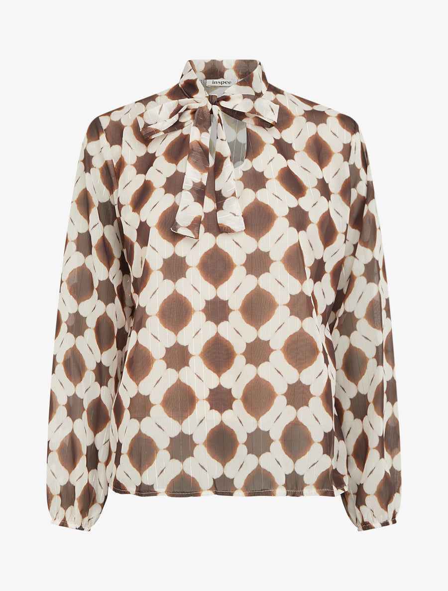 Top lavallière en voile imprimé graphique - Marron - 1