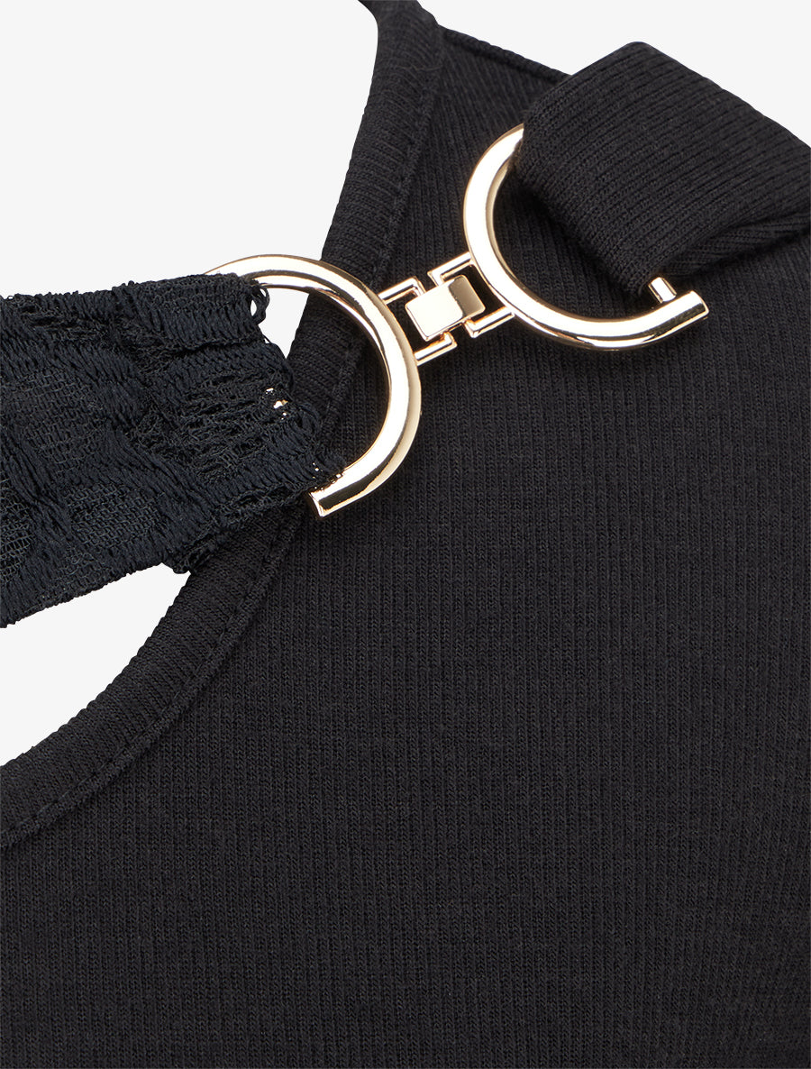 Pull à détail dentelle et empiècement métallique - Noir - 3