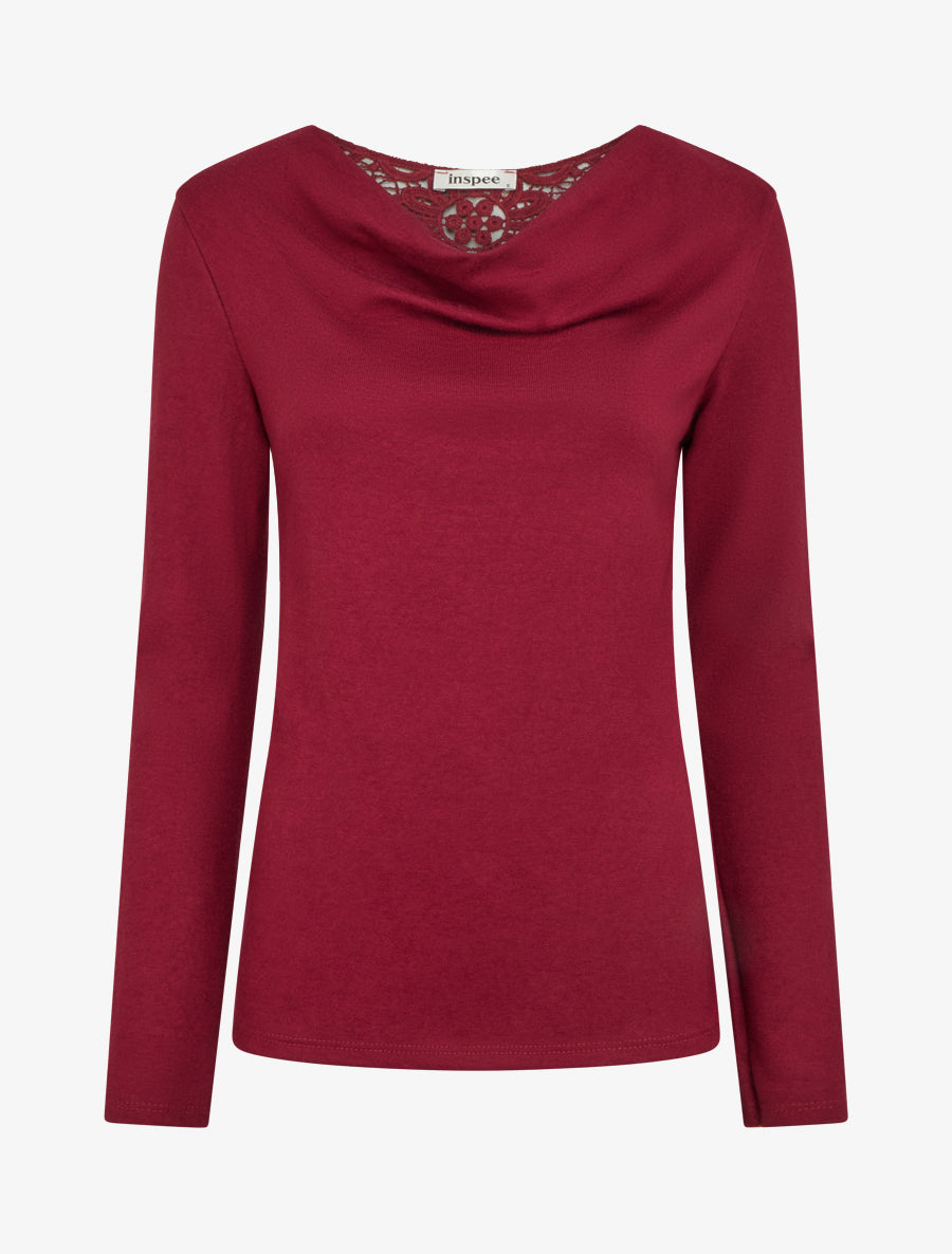 Pullover mit Wasserfallausschnitt und Rückseite aus Häkelspitze - Bordeaux