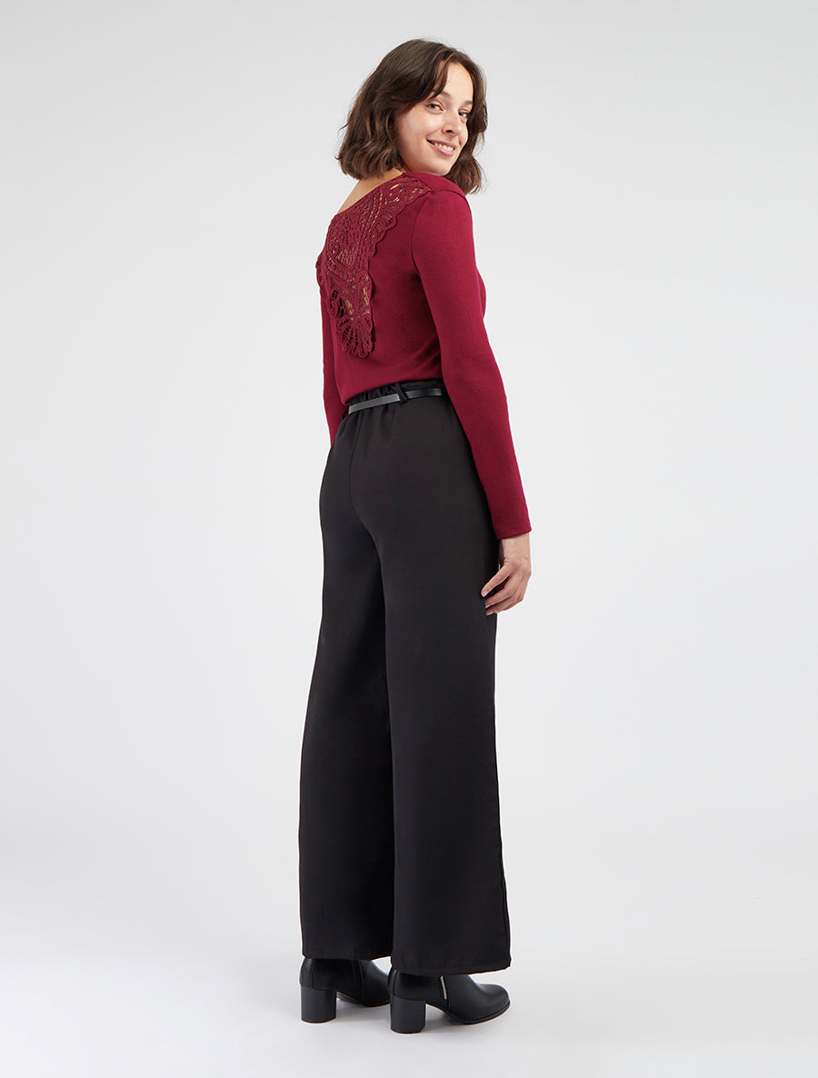 Pullover mit Wasserfallausschnitt und Rückseite aus Häkelspitze - Bordeaux