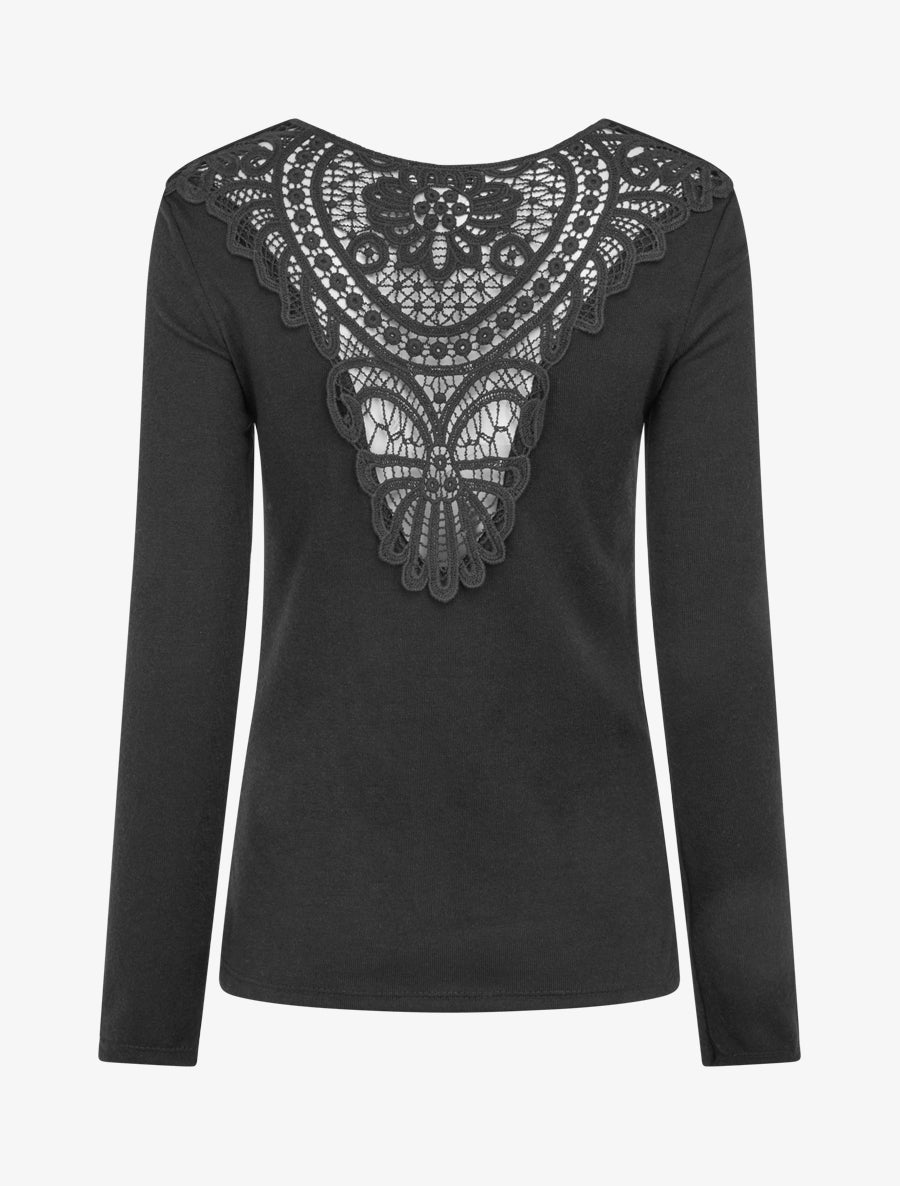 Pull à col bénitier et dos en crochet - Noir - 2