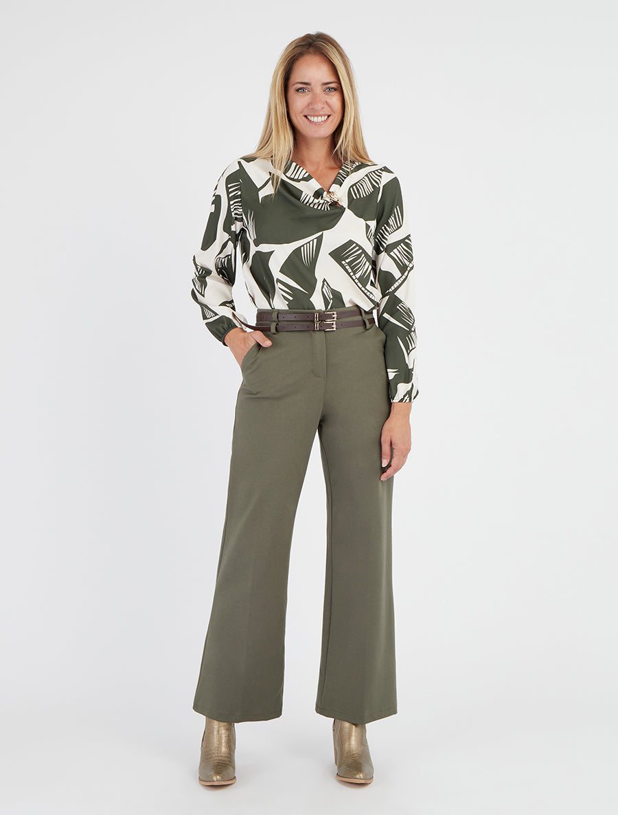 Pantalon droit taille haute à double ceinture - Kaki - 8
