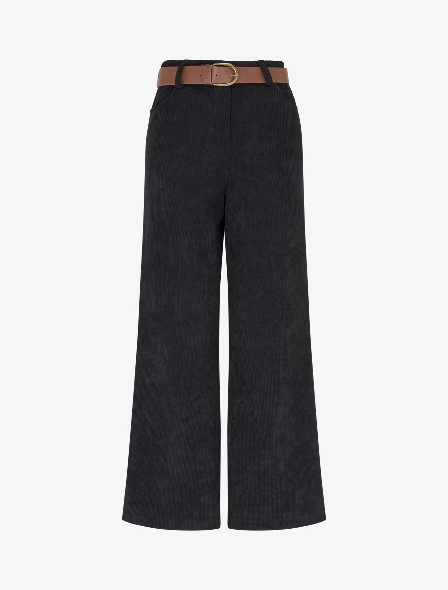Pantalon ceinturé taille haute en velours côtelé - Noir - 1