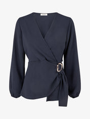 Blouse unie style portefeuille à col cache-coeur - Marine - 1