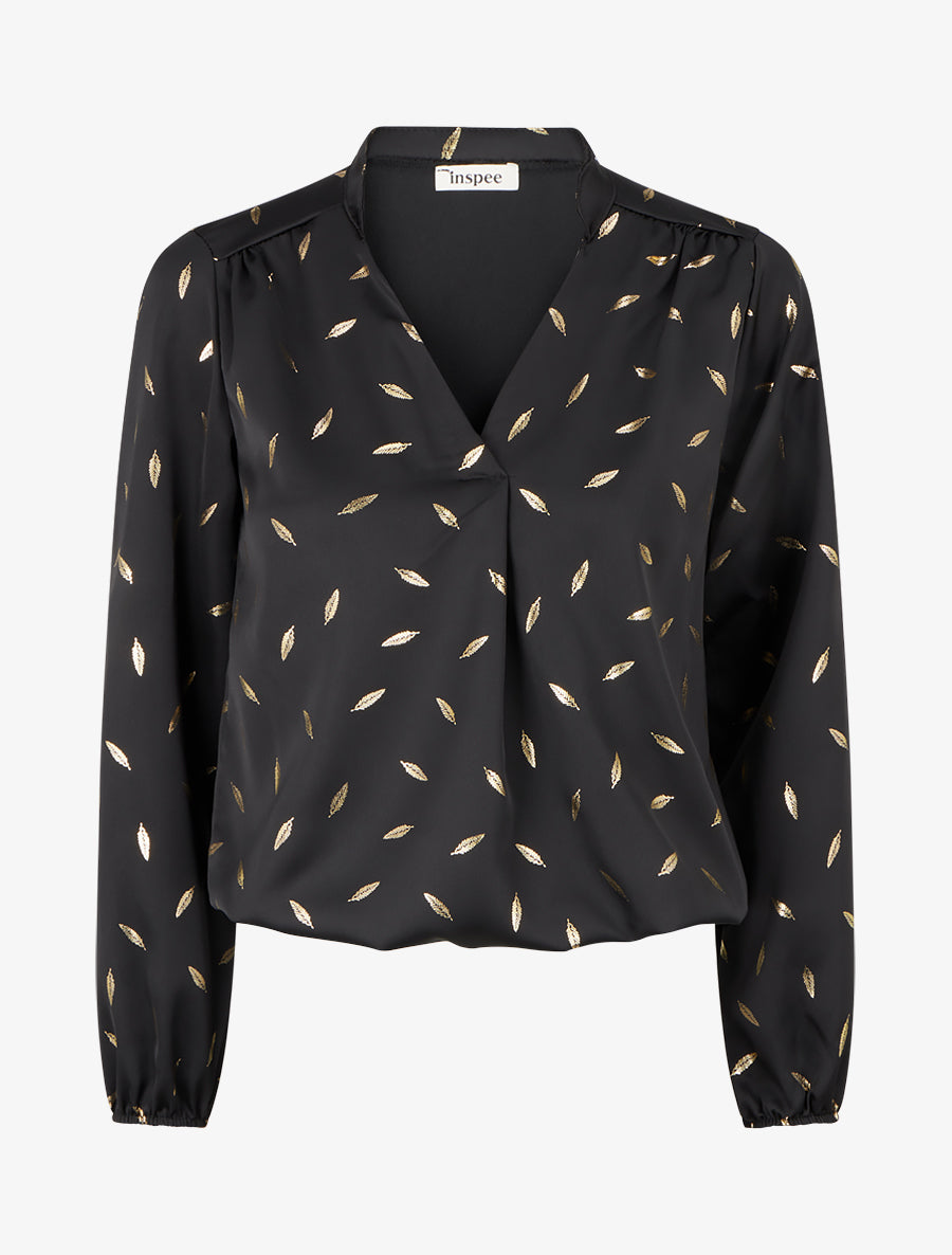 Blouse satinée à motif plumes irisées - Noir - 1