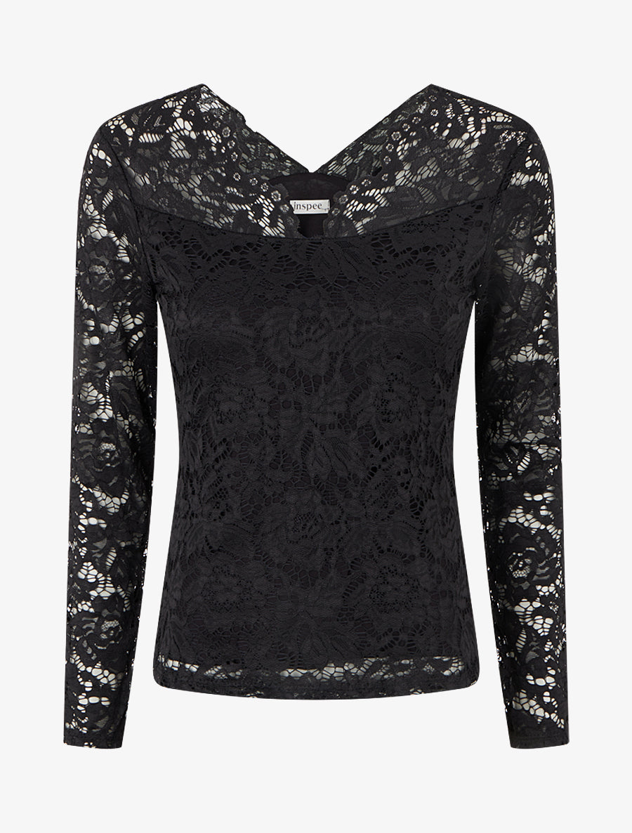 Top uni en dentelle - Noir - 1