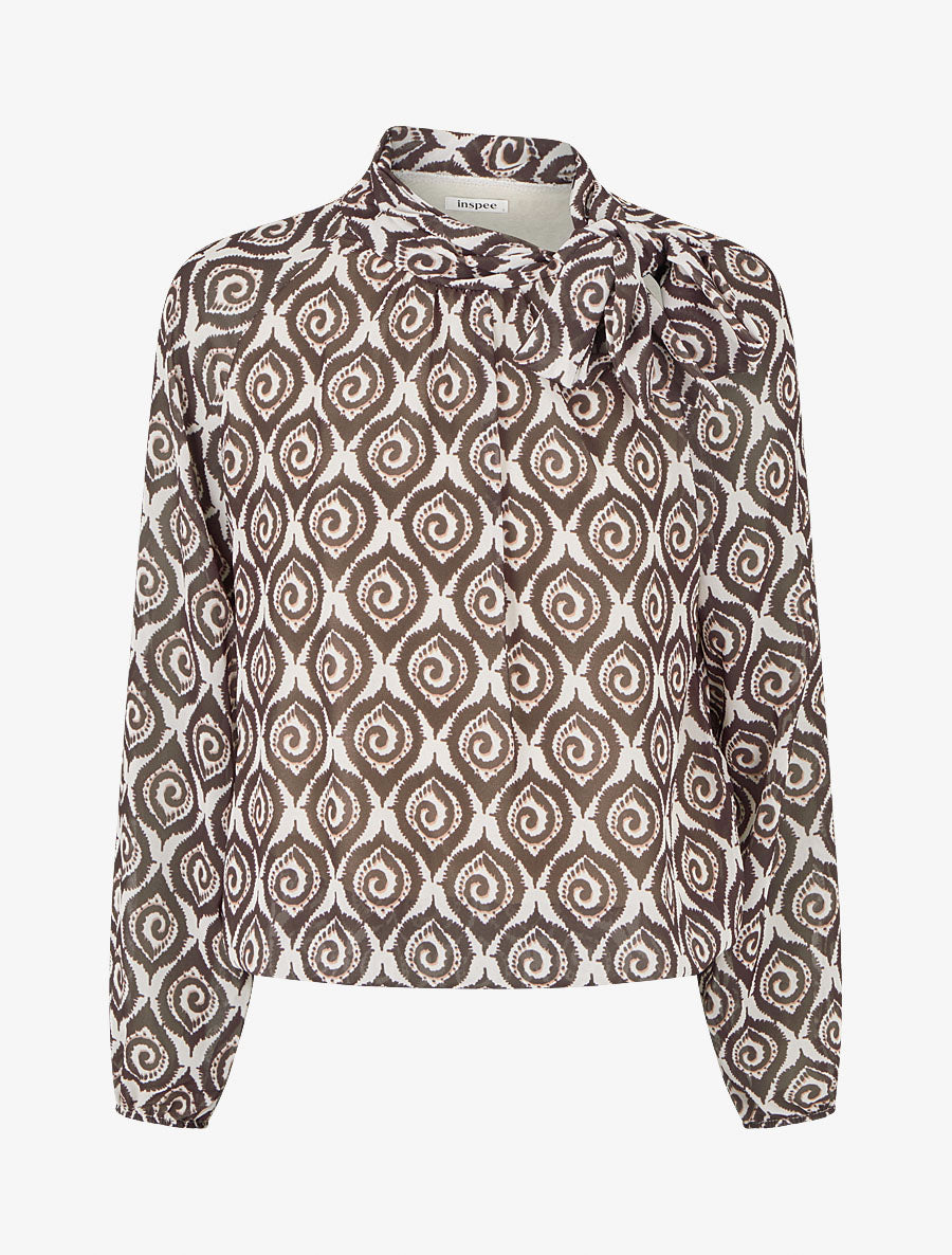 Top imprimé fantaisie à col lavallière - Marron - 1