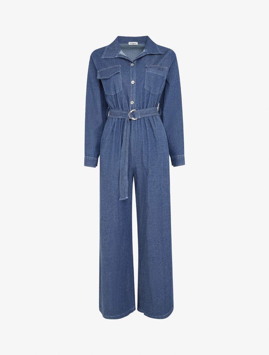 Combinaison en denim à taille élastiquée - Bleu denim - 1