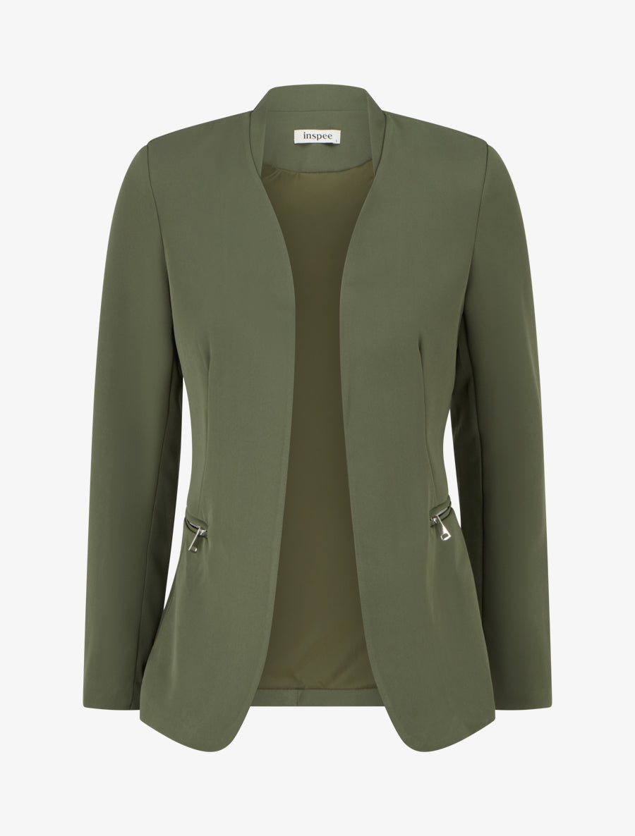 Veste unie à poches décoratives zippées - Kaki - 1