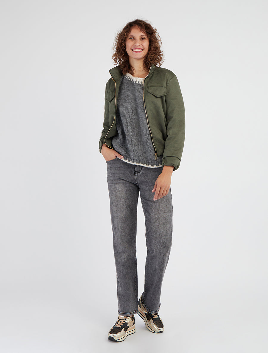 Elastische Jacke aus Wildlederimitat - Kaki