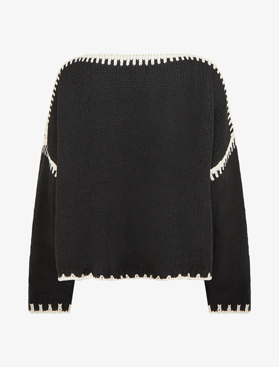 Pull en maille uni à bandes contrastantes - Noir - 2